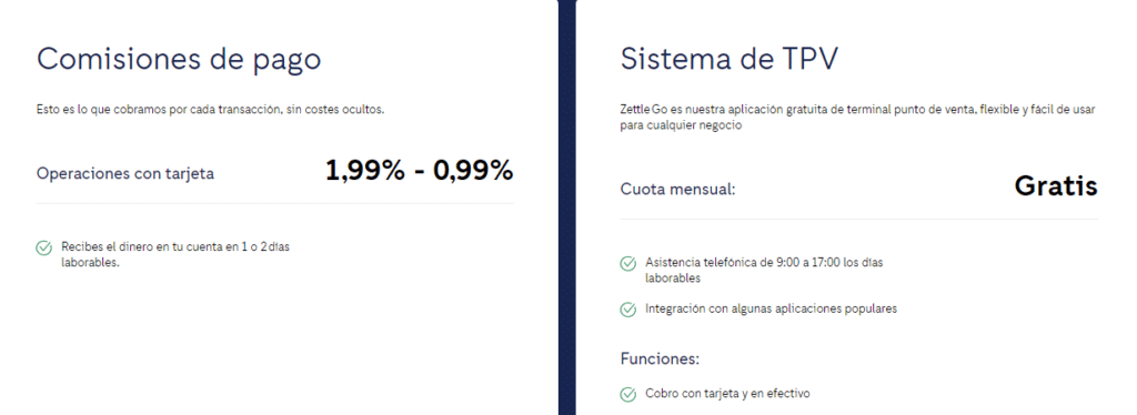 tarifas y comisiones Zettle
