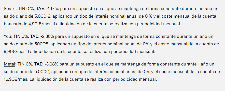 Tarifas y comisiones de los tipos de cuentas de N26.