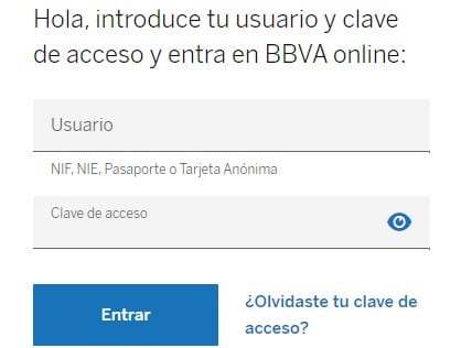 Formulario de inicio de sesión BBVA online.
