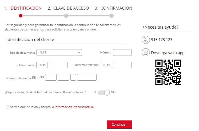 Formulario de identificación para obtener la clave de acceso del Santander Online